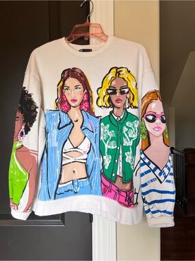 🅩🅐🅡🅐 Oversize Graphic Women Print Off White Sweatshirt